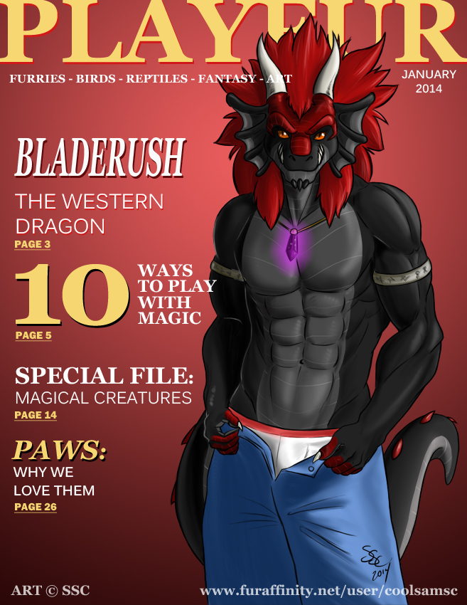 abs anthro biceps black_dragon black_skin bladerush claws clothing coolsamsc crystal dragon fangs fins grey_skin grin hair horn jeans looking_at_viewer magazine_cover male muscles necklace orange_eyes pants pecs playboy red_hair red_skin reptile scalie smile solo standing teeth toned topless underwear undressing