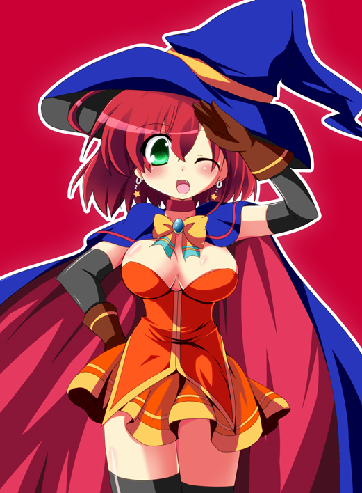 :o ;o alice_wishheart arm_up black_legwear blush bow breasts cape cleavage earrings geo_(yukishitadou) gloves green_eyes hat jewelry large_breasts magical_halloween one_eye_closed orange_skirt pink_hair red_background red_cape ribbon short_hair skirt solo star star_earrings thighhighs witch_hat yellow_bow zettai_ryouiki