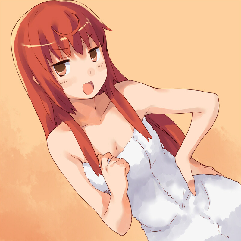 :d ahoge bad_id bad_pixiv_id bangs bare_shoulders blush buratei_marii collarbone dutch_angle h@ll hair_over_breasts hand_on_hip joshiraku long_hair looking_at_viewer naked_towel naughty_face open_mouth orange_background red_eyes red_hair revision sidelocks smile solo standing towel upper_body