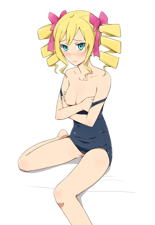 blonde_hair blue_eyes blush bow breasts cleavage covering covering_breasts dairenji_suzuka drill_hair hair_bow ichihisa legs nipples one-piece_swimsuit school_swimsuit small_breasts solo swimsuit tokyo_ravens wardrobe_malfunction