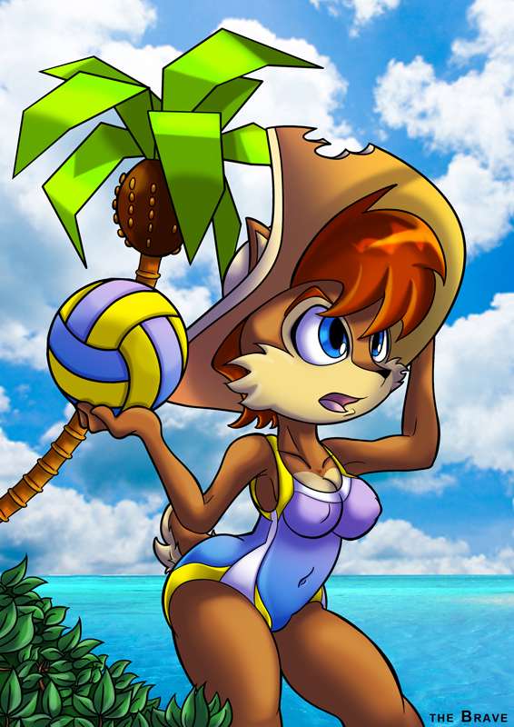 anthro big_breasts blue_eyes bluer_eyes breasts chipmunk erect_nipples female hair mammal navel nipples one-piece_swimsuit red_hair rodent sally_acorn sega solo sonic_(series) swimsuit thebrave