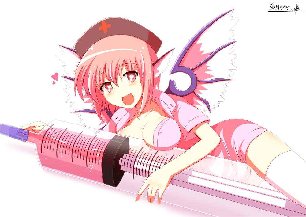 alternate_costume animal_ears bad_id bad_pixiv_id banned_artist blush breast_rest breasts cleavage hat heart heart-shaped_pupils kisaragi_zwei large_breasts large_syringe lying mystia_lorelei name_tag nurse nurse_cap on_side open_mouth oversized_object pink_hair pink_skirt red_eyes revision short_hair sign simple_background skirt smile solo symbol-shaped_pupils syringe thighhighs touhou white_legwear wings zettai_ryouiki
