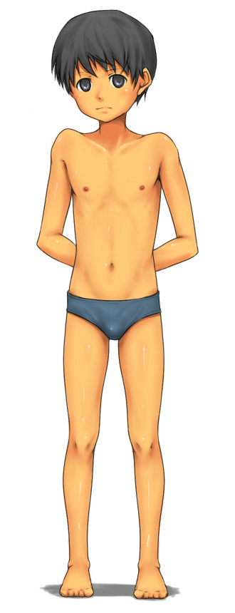 1boy barefoot black_eyes black_hair briefs bulge child feet looking_at_viewer male male_focus navel nipples nude puppukupu short_hair simple_background solo standing tan tanline toes underwear white_background