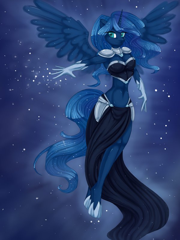 anthro anthrofied armor blue_eyes blue_hair blue_theme breasts cleavage clothed clothing cool_colors equine female friendship_is_magic gloves hair horn horse looking_at_viewer mammal misukitty my_little_pony navel pony princess_luna_(mlp) sparkles standing stars winged_unicorn wings