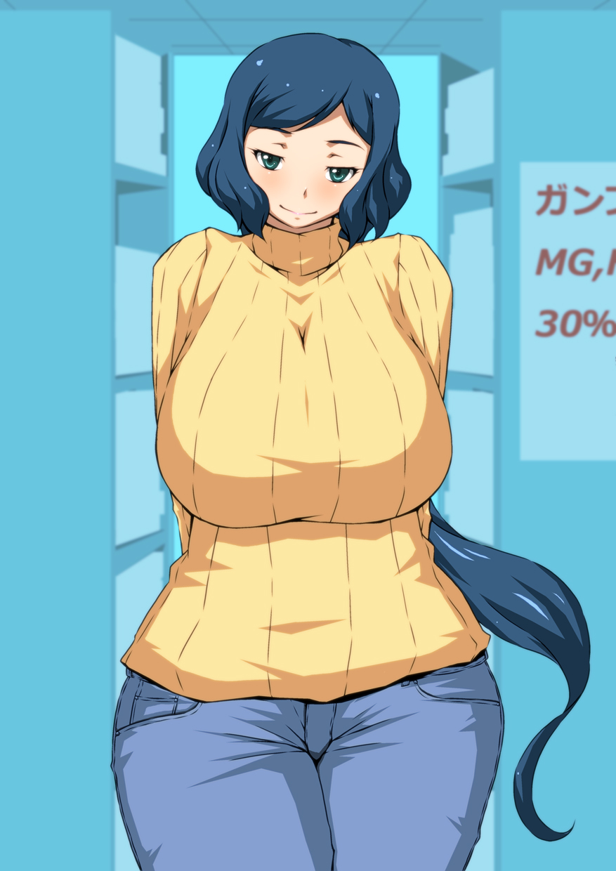 1girl aqua_eyes black_panties blue_hair breasts curvy denim donson female gundam gundam_build_fighters highres huge_breasts iori_rinko jeans milf panties pants solo standing sunrise_(company) sweater turtleneck underwear wide_hips