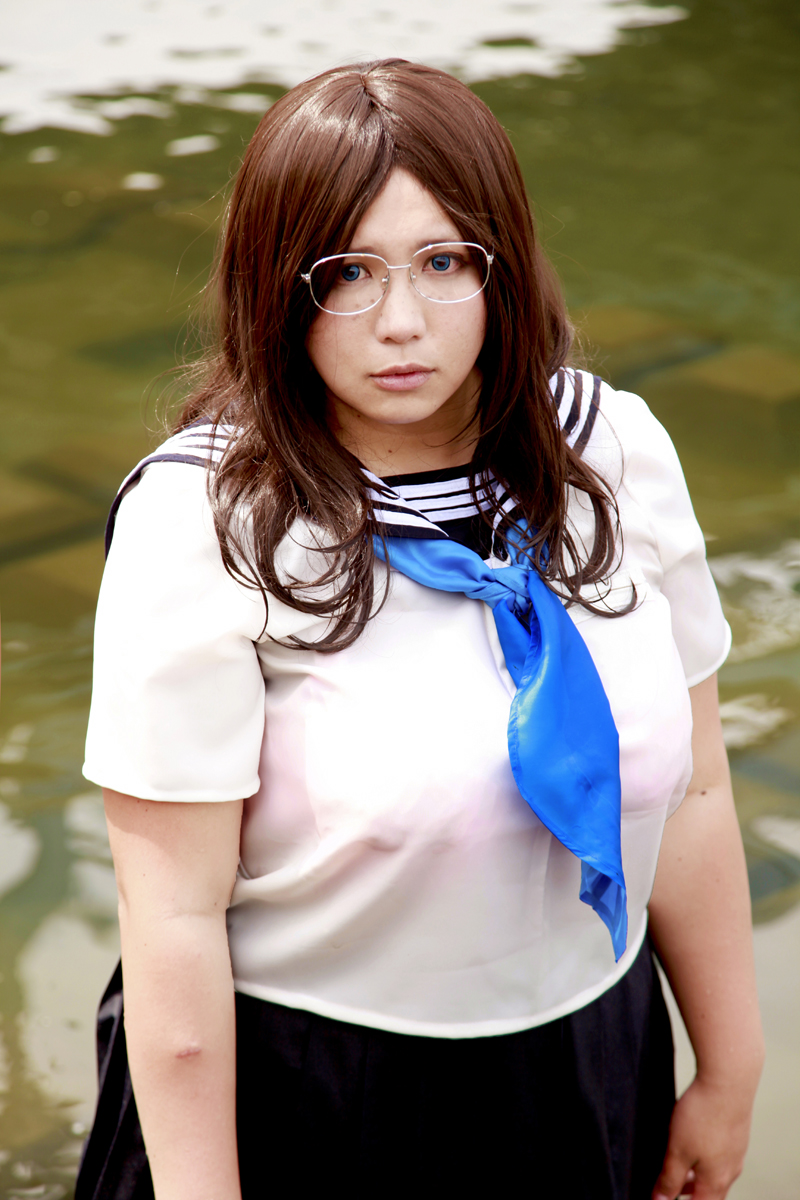 1girl asian blue_eyes breasts brown_hair chouzuki_maryou cleavage freckles glasses hips idumi_hoshi idumi_hoshi_(cosplay) large_breasts little_mermaid_alone photo plump solo thick_thighs thighs wide_hips