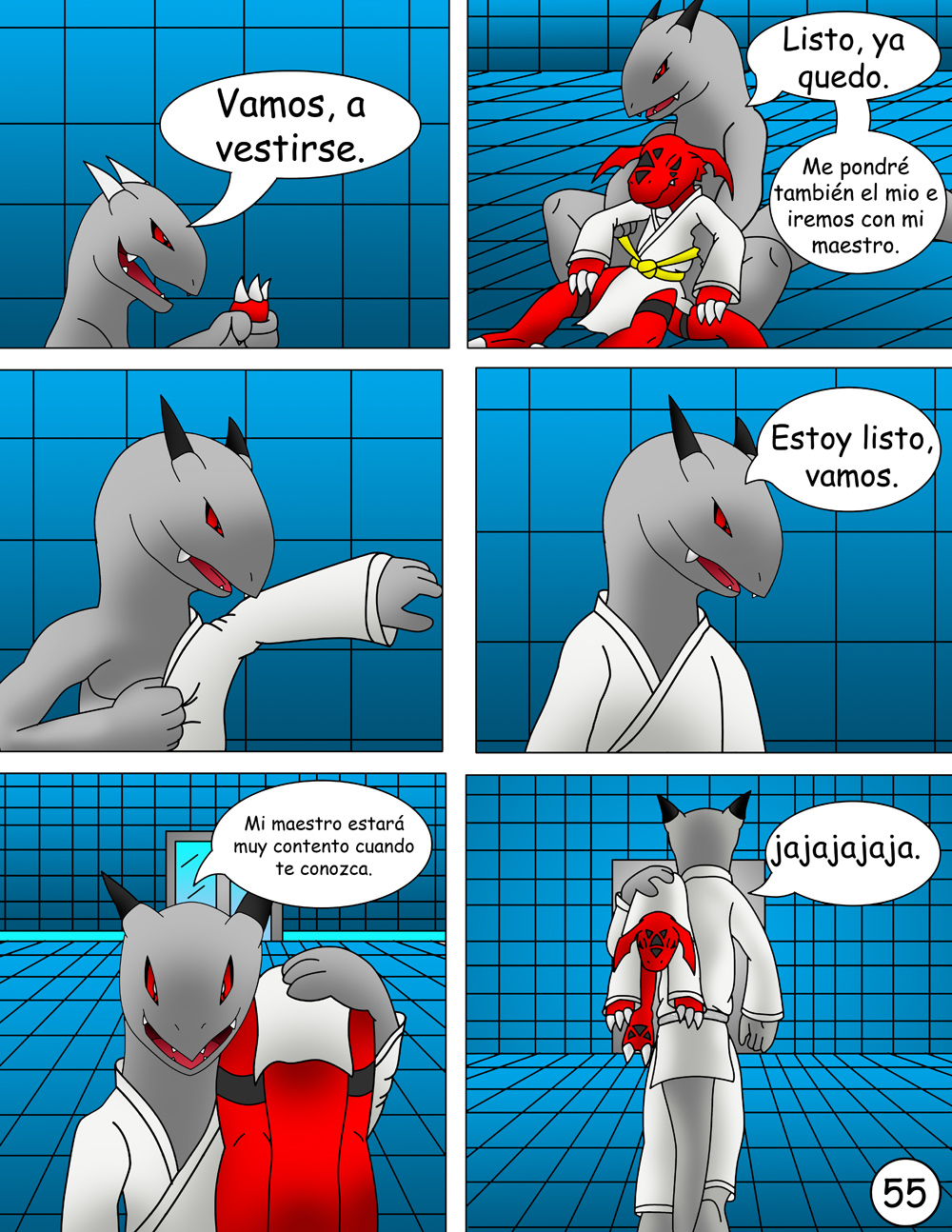 absurd_res after_sex age_difference anthro claws color comic crocodile crying cum cum_in_ass cum_inside dialog digimon dragon duo eyes_closed forced gay guilmon hector21314 hi_res horn lol_comments male red_eyes reptile scalie shower spanish spanish_text tears text toe_claws unconscious violence wet