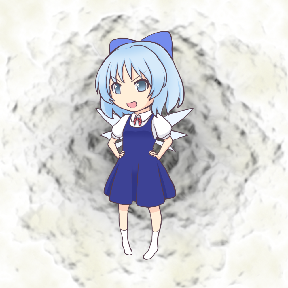 blue_eyes blue_hair bow chibi cirno hair_bow hands_on_hips ice ice_wings mario_(makoto) short_hair solo touhou wings