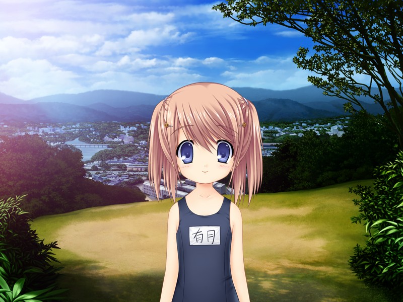 arizuki_shiina blue_eyes brown_hair day game_cg kud_wafter little_busters! long_hair na-ga one-piece_swimsuit outdoors quad_tails school_swimsuit smile solo swimsuit