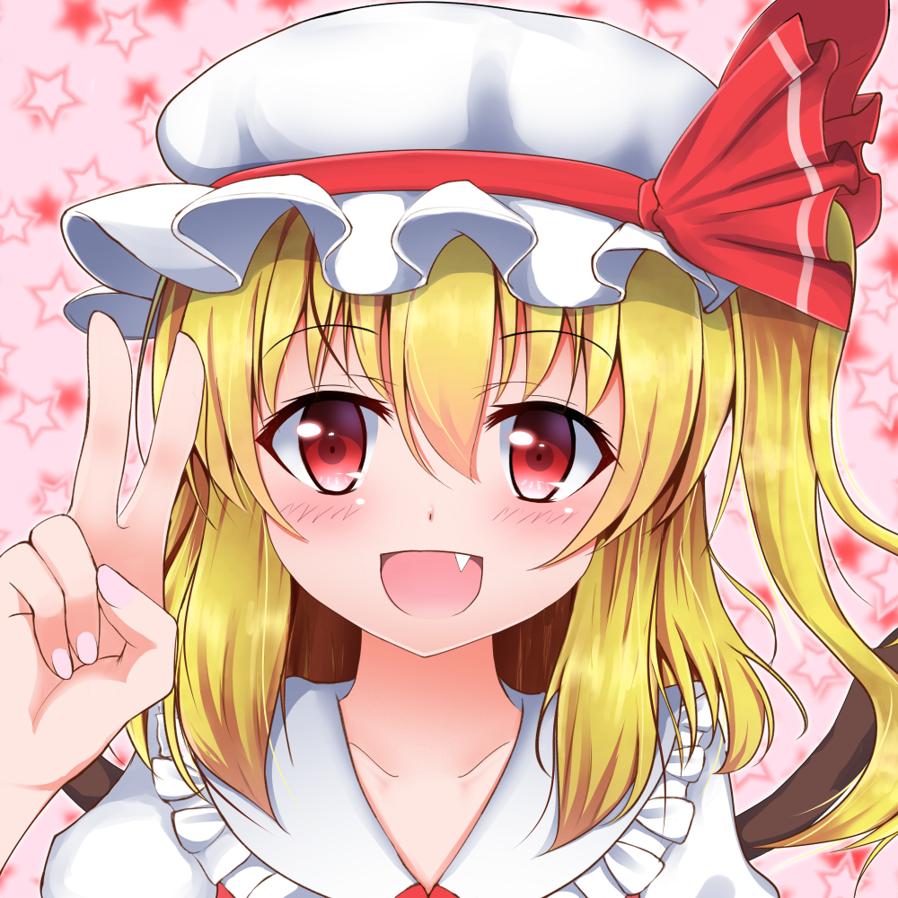 blonde_hair blush collarbone fang flandre_scarlet hand_up hat hat_ribbon looking_at_viewer mob_cap open_mouth pink_background red_eyes ribbon short_hair side_ponytail solo star starry_background touhou upper_body v wings ymd_(holudoun)