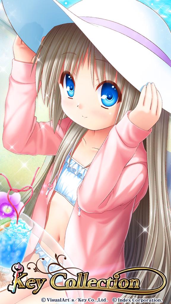 bikini blue_eyes blue_hawaii brown_hair drink flat_chest flower hands_on_headwear hat jacket little_busters! long_hair na-ga navel noumi_kudryavka official_art smile solo sparkle swimsuit tropical_drink