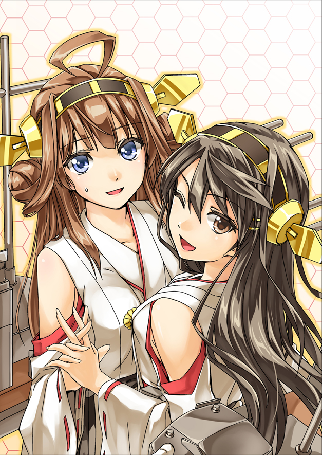 ;d abo_(hechouchou) ahoge bare_shoulders black_hair blue_eyes brown_eyes brown_hair detached_sleeves double_bun hairband haruna_(kantai_collection) headgear holding_hands honeycomb_(pattern) honeycomb_background interlocked_fingers japanese_clothes kantai_collection kongou_(kantai_collection) long_hair multiple_girls one_eye_closed open_mouth ribbon-trimmed_sleeves ribbon_trim smile