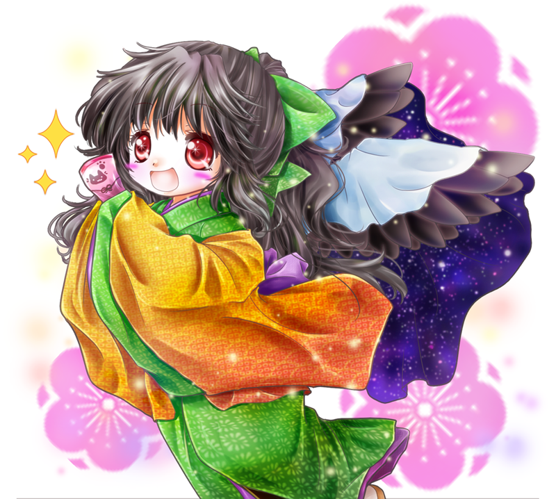 :d alternate_costume bird_wings black_hair blush_stickers cape cherry_blossoms eyebrows_visible_through_hair floral_background hair_ribbon holding japanese_clothes kimono light_particles open_mouth otoshidama ponytail red_eyes reiuji_utsuho ribbon short_hair smile solo sparkle star star_print touhou tsukiori_sasa white_background wide_sleeves wings