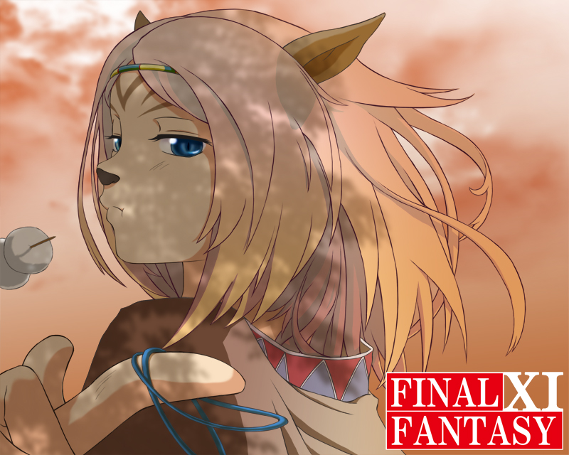 animal_ears blue_eyes cat_ears commentary_request copyright_name eating final_fantasy final_fantasy_xi food hair_tie headband looking_at_viewer matatabi_(matatabifv) mithra partial_commentary shade short_hair skewer solo white_hair