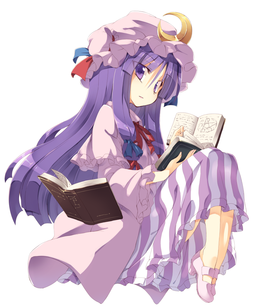 book capelet coat crescent dress floating floating_object flying full_body hair_ribbon hat long_hair looking_at_viewer mob_cap no_socks open_book open_clothes open_coat patchouli_knowledge purple_dress purple_eyes purple_hair reading ribbon satou_kibi shoes simple_background solo striped striped_dress touhou tress_ribbon very_long_hair white_background