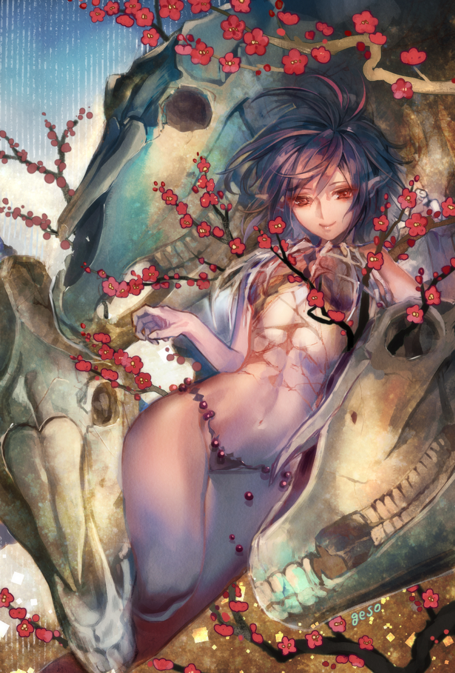 animal_skull artist_name beads black_hair branch contrapposto cross flower highres hips leg_up legs_together lips looking_at_viewer midriff multicolored multicolored_background navel new_year original petals plant pointy_ears red_eyes short_hair smile solo standing stomach thighs tree umiu_geso underwear underwear_only
