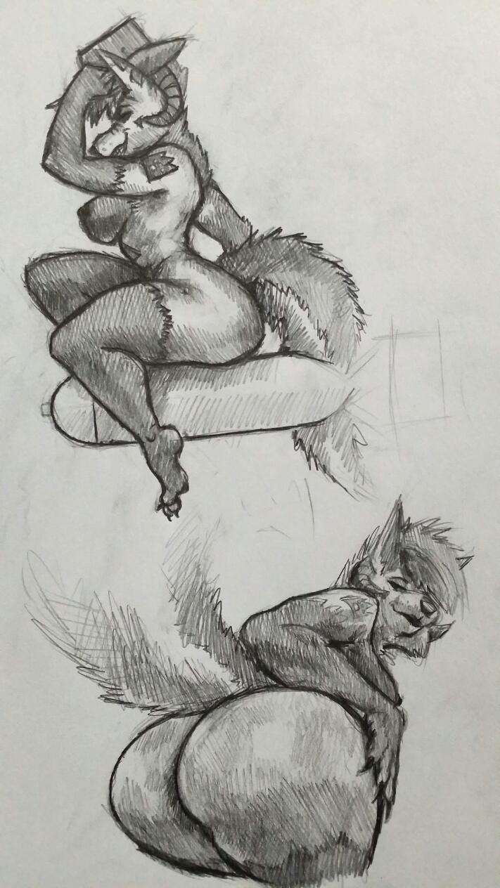 anthro breasts butt canine demon female femon fluffy_tail horn looking_at_viewer mammal nipples nude sligarthetiger traditional_media wolf