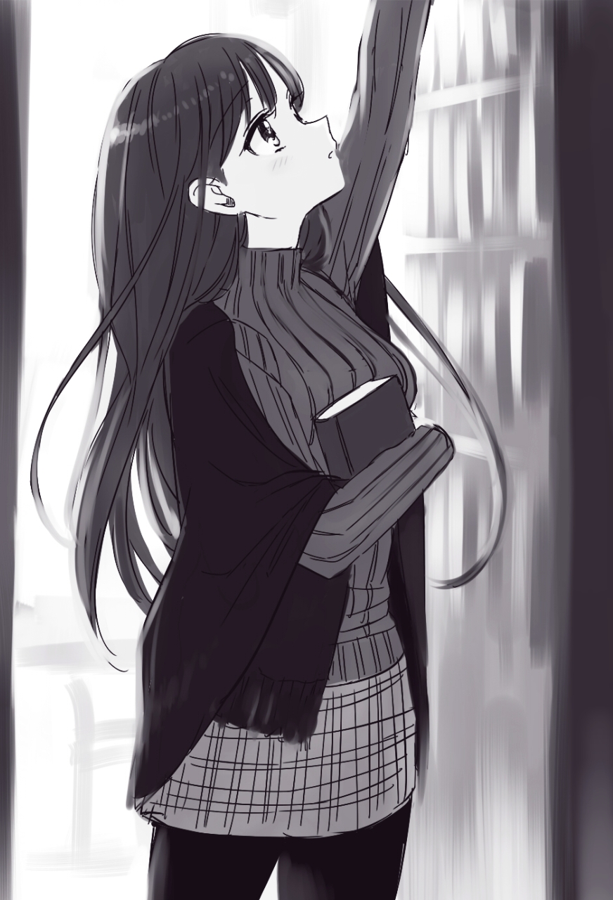 arm_up book highres long_hair looking_up monochrome pantyhose ribbed_sweater solo sweater takeuchi_aya