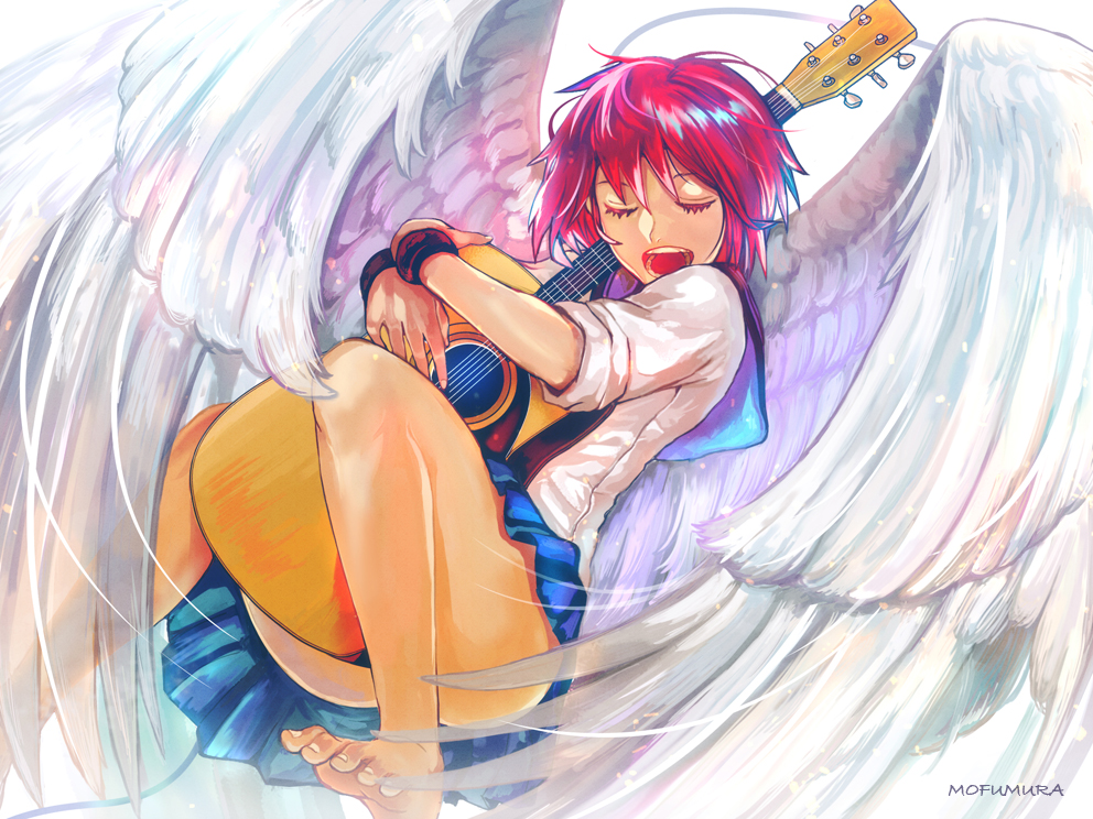 angel_beats! barefoot closed_eyes guitar instrument iwasawa jippei red_hair school_uniform serafuku shinda_sekai_sensen_uniform short_hair sleeves_rolled_up solo wings