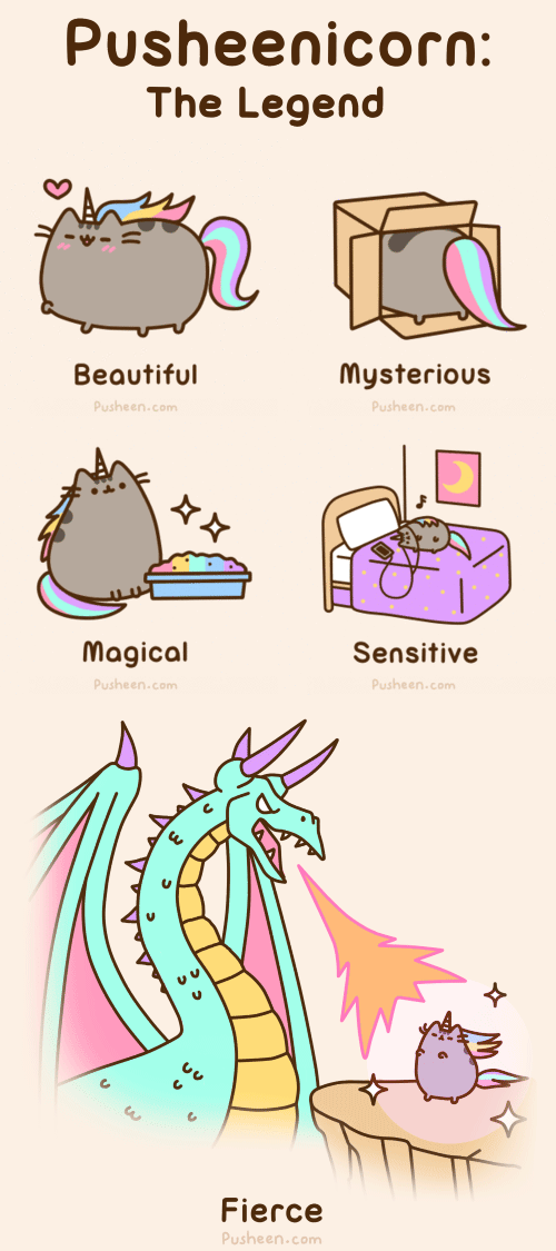 &lt;3 ambiguous_gender animated cat cub cute dragon edit english_text equine feline fire fur grey_fur happy horn humor hybrid magic mammal on_bed plain_background pusheen pusheen_corp simple_background text unicorn young