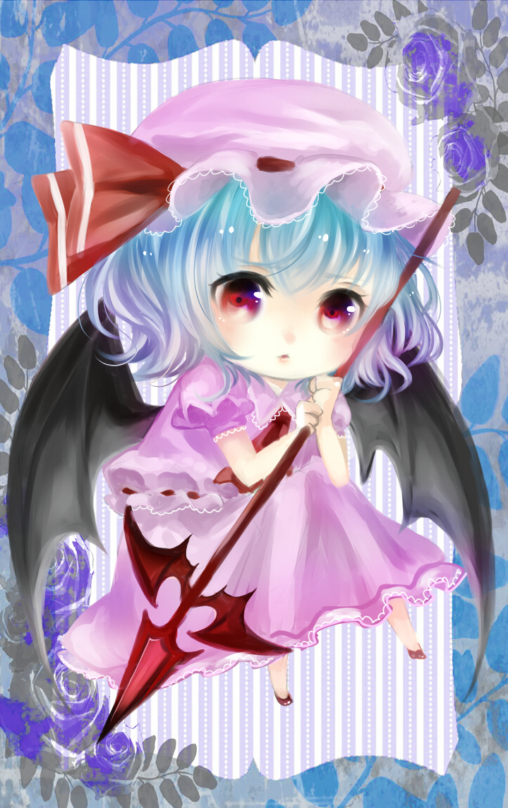 bad_id bad_pixiv_id bat_wings blue_flower blue_hair blue_rose chibi elbow_on_knee elbows_on_knees flower frame hat leaf lips looking_at_viewer mob_cap puffy_short_sleeves puffy_sleeves red_eyes remilia_scarlet rose short_hair short_sleeves skirt skirt_set solo spear_the_gungnir striped striped_background touhou vertical-striped_background vertical_stripes wings yamiori