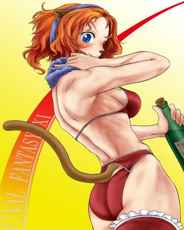alcohol animal_ears ass bikini blue_eyes bottle cat_ears cat_tail commentary_request copyright_name final_fantasy final_fantasy_xi gradient gradient_background headband looking_at_viewer looking_back matatabi_(matatabifv) mithra orange_hair partial_commentary sake sake_bottle short_hair smile solo swimsuit tail towel