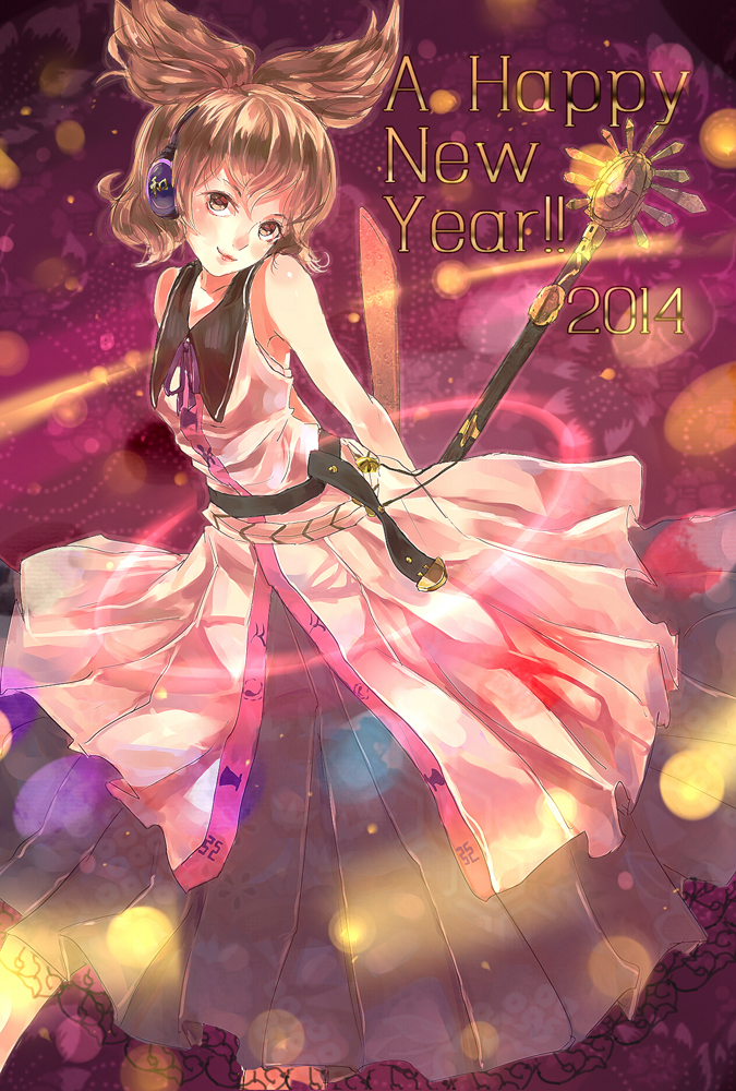 2014 armpits arms_behind_back bad_id bad_pixiv_id bare_shoulders belt brown_eyes brown_hair dress earmuffs happy_new_year hcy_(hachiya_2479) head_tilt layered_dress light_particles light_smile light_trail lips new_year purple_background sheath sheathed short_hair sleeveless sleeveless_dress solo sword touhou toyosatomimi_no_miko weapon