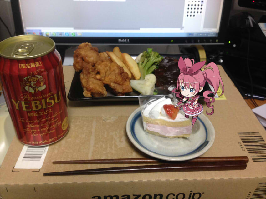 alcohol amazon_(company) beer beer_can blue_eyes bow box cake can cardboard_box chibi chopsticks computer cream cure_melody dell food fork french_fries fried_chicken fruit hair_bow houjou_hibiki kuroboshi_kouhaku long_hair photo_background pink_hair precure solo strawberry strawberry_shortcake suite_precure twintails vegetable whipped_cream yebisu