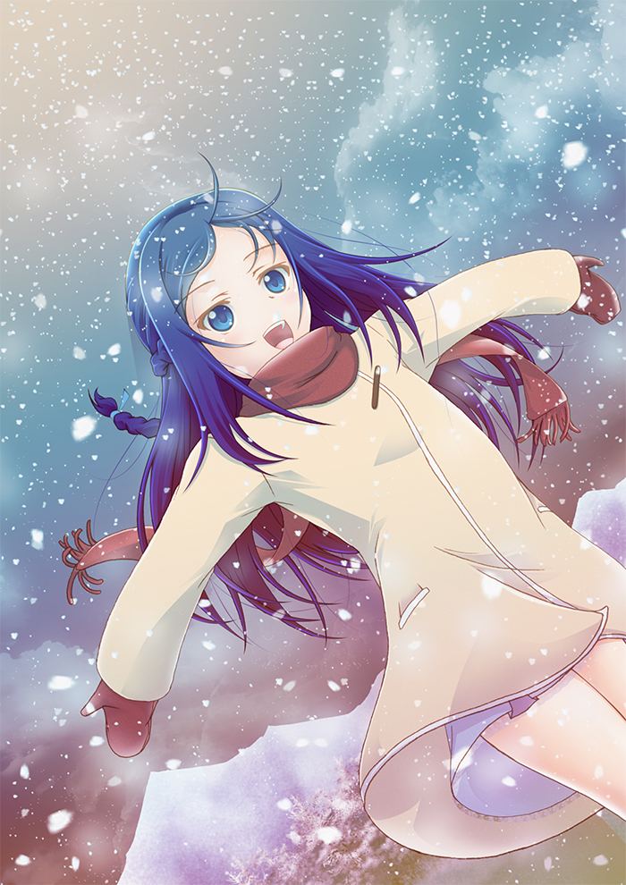 blue_eyes blue_hair coat dokidoki!_precure dutch_angle half_updo happy hishikawa_rikka long_hair mittens outstretched_arms precure scarf slowpit smile snow snowing solo spread_arms