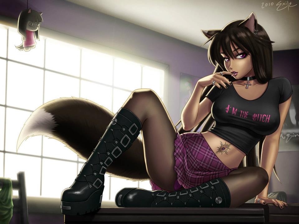animal_ears animeexile arm_support black_hair black_nails boots canine chair clothing collar cross daylight detailed doll ear_piercing english_text female finger_on_lips goth hair human leather long_hair looking_at_viewer miniskirt navel navel_piercing not_furry on_table panties panty_shot pantyhose piercing pink_panties poster presenting purple_eyes purple_lips ring room seductive shirt side_view sitting skirt solo spread_legs spreading tattoo text tongue tongue_out underwear window wolf wolf_ears wolfgirl wood