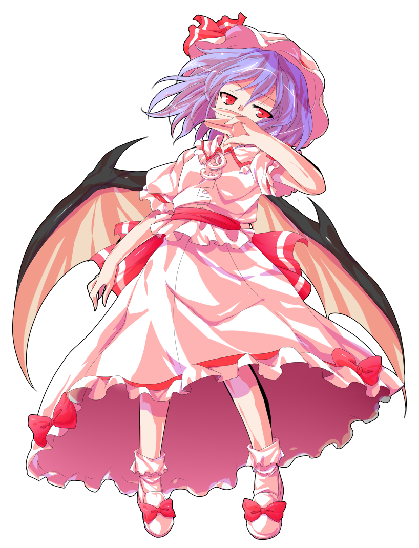 alphes_(style) bat_wings blue_hair bow dairi dress frilled_dress frills full_body hat hat_bow mob_cap parody pink_dress red_bow red_eyes red_ribbon remilia_scarlet ribbon short_hair solo style_parody touhou transparent_background wings