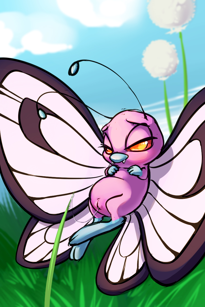 arthropod blush butterfly butterfree carrot_(artist) chubby digitigrade female flower grass insect masturbation nintendo outside pok&#233;mon pok&eacute;mon pussy pussy_juice red_eyes solo video_games
