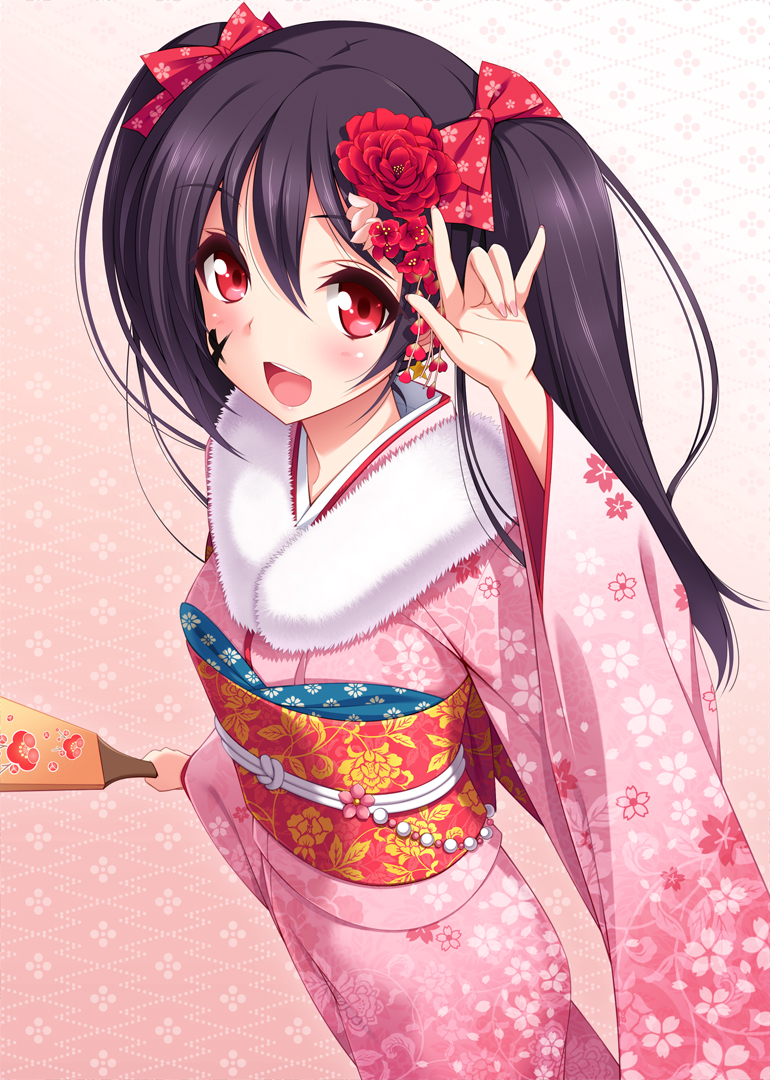 :d \m/ black_hair blush bow cygnus_(cygnus7) facepaint flower fur_trim furisode hagoita hair_bow hair_flower hair_ornament japanese_clothes kimono long_hair looking_at_viewer love_live! love_live!_school_idol_project new_year open_mouth paddle red_eyes smile solo twintails yazawa_nico