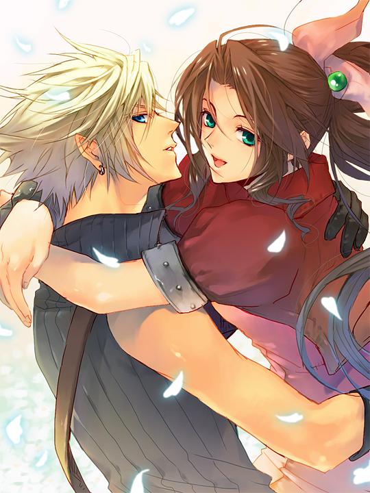 1boy 1girl :d aerith_gainsborough artist_request blonde_hair blue_eyes brown_hair cloud_strife earrings final_fantasy final_fantasy_vii gloves green_eyes hug jewelry long_hair looking_at_viewer open_mouth ponytail smile