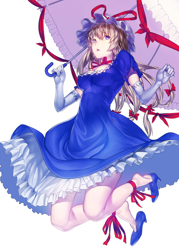 ankle_ribbon aritoki_ritsu blonde_hair bow choker dress frills full_body gloves hair_bow hair_ornament hat hat_bow high_heels jumping lips long_hair looking_at_viewer mob_cap open_mouth puffy_sleeves purple_dress purple_eyes ribbon shoes short_sleeves solo touhou transparent_background umbrella white_gloves yakumo_yukari