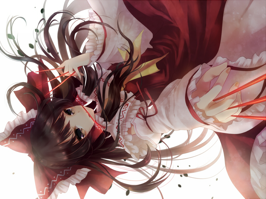 ascot bad_id bad_pixiv_id between_fingers bow brown_eyes brown_hair detached_sleeves dress hair_bow hair_tubes hakurei_reimu holding_needle long_hair mouth_hold needle nunucco red_dress revision solo throwing_needles touhou upside-down