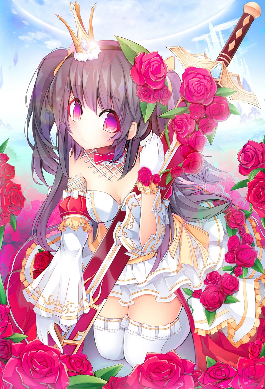 blue_sky blush breasts castle cleavage crown day detached_sleeves dress flower glint gloves hair_flower hair_ornament highres holding holding_sword holding_weapon kneeling long_hair looking_at_viewer mini_crown original outdoors pigat pink_eyes pink_flower sheath sheathed sky small_breasts smile sword thighhighs two_side_up weapon white_dress white_gloves white_legwear