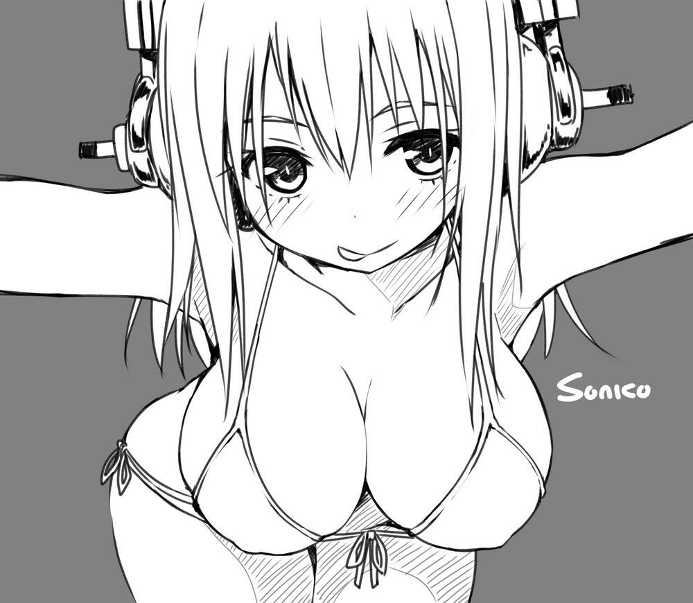 :p bikini breasts character_name cleavage grey_background greyscale headphones large_breasts long_hair looking_at_viewer monochrome nitroplus sky_(freedom) solo string_bikini super_sonico swimsuit tongue tongue_out