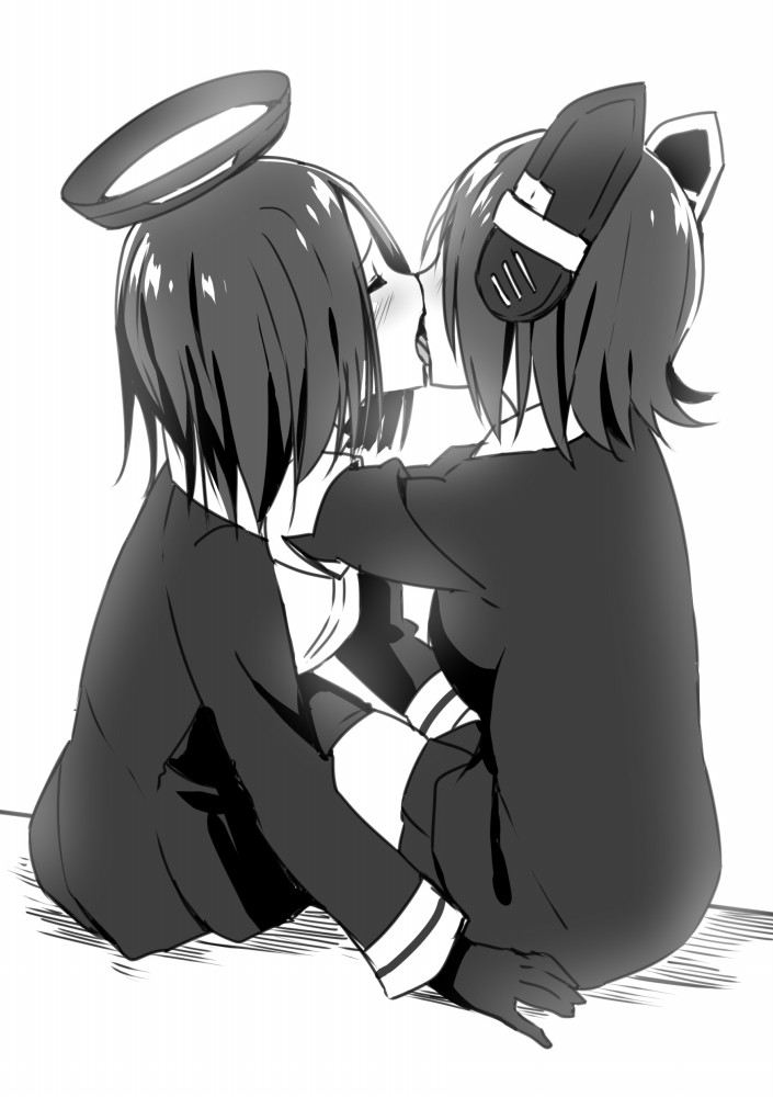 bloom blush closed_eyes french_kiss greyscale kantai_collection kiss mechanical_halo monochrome multiple_girls photo-referenced short_hair sky_(freedom) tatsuta_(kantai_collection) tenryuu_(kantai_collection) yuri