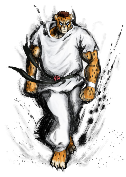 &#23376;&#38272;&#12514;&#12469;&#12489; ????? armband barefoot belt black_belt cheetah cheetahmen claws feline glowing glowing_eyes ink looking_at_viewer male mammal martial_arts muscles plain_background solo standing street_fighter_iv warrior whisker white_background white_clothing white_theme