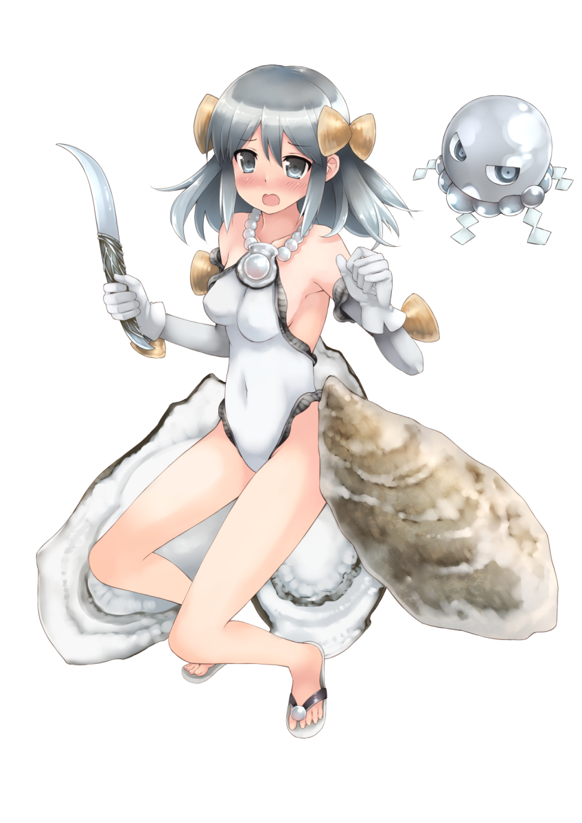 armpits bare_shoulders blush breasts clam_shell covered_navel detached_sleeves elbow_gloves embarrassed gloves hair_ornament highres knife kouno_hikaru leotard magical_girl medium_breasts open_mouth original pearl ribbon sandals shide short_hair sideboob silver_eyes silver_hair skin_tight