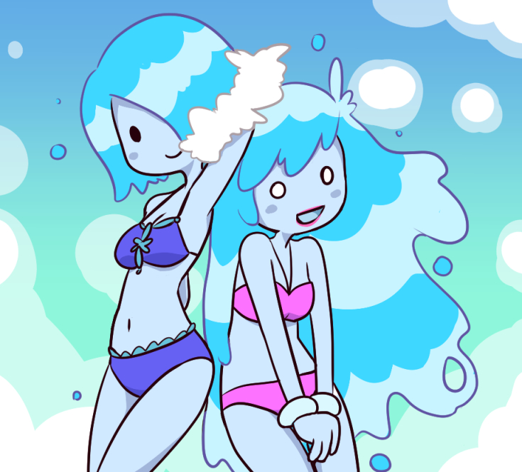 2girls adventure_time bikini blue_hair blue_skin long_hair multiple_girls nollety short_hair swimsuit water_nymbs water_nymphs