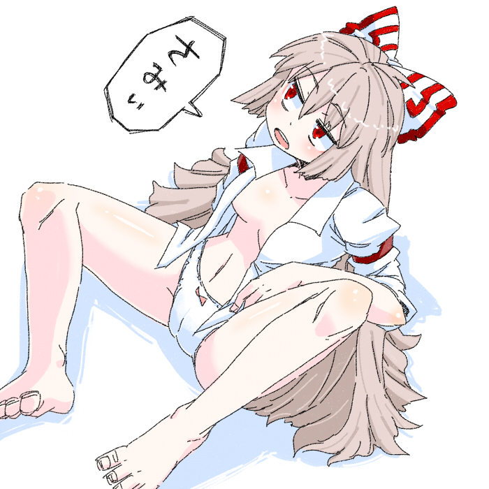 aono3 barefoot bow breasts cleavage cold fujiwara_no_mokou hair_bow long_hair medium_breasts no_pants open_clothes open_shirt panties red_eyes ribbon shirt silver_hair simple_background sitting solo touhou underwear very_long_hair white_background white_panties