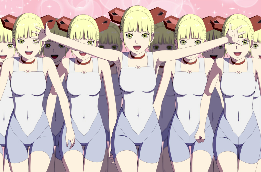 6+girls :d armpits arms_up bangs blonde_hair blunt_bangs cap_(dkdm-d) choker female ghost_in_the_shell ghost_in_the_shell_arise happy looking_at_viewer mobile_land_mine multiple_girls navel open_mouth outstretched_arms short_hair skin_tight smile sparkle standing thigh_gap yellow_eyes