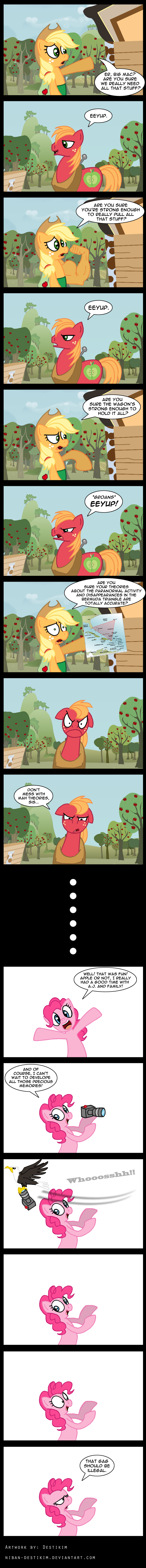 angry annoyed apple applejack_(mlp) arm avian bag bermuda_triangle big_macintosh_(mlp) blonde_hair blue_eyes cowboy_hat dialog english_text equine female freckles friendship_is_magic fruit green_hair hair hand hat hawk horse male mammal map muscles my_little_pony niban-destikim outside pinkie_pie_(mlp) plain_background pony sky text tree wagon