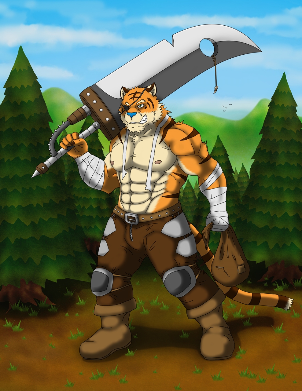 anthro bag bandage belt biceps big_muscles blue_nose body_markings boots brown_fur chest_tuft claws clenched_teeth clothing eye_patch eyewear fangs feline footwear forest forrest fur green_eyes hair kraidhiel male mammal markings muscles nipples orange_fur pads pants pecs pose scar solo standing stripes sword tan_fur teeth tiger toned topless tree tuft warrior weapon