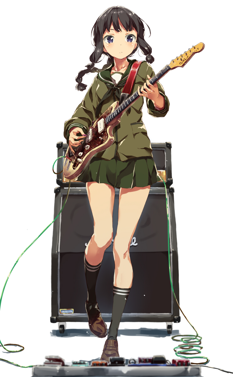 aida_takanobu amplifier black_hair black_legwear braid breasts commentary_request effects_pedal electric_guitar full_body guitar highres instrument jazzmaster kantai_collection kitakami_(kantai_collection) loafers long_hair marshall music pedal_board playing_instrument pleated_skirt plectrum purple_eyes school_uniform shoes single_braid skirt small_breasts socks solo whammy_bar