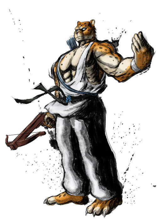 &#23376;&#38272;&#12514;&#12469;&#12489; ????? amazing archer armband arrow barefoot belt biceps black_belt bow_(weapon) cheetah cheetahmen claws clothing crossbow feline glowing glowing_eyes ink looking_at_viewer male mammal muscles pecs plain_background quiver ranged_weapon solo standing street_fighter_iv toned warrior weapon whisker white_background white_clothing white_theme