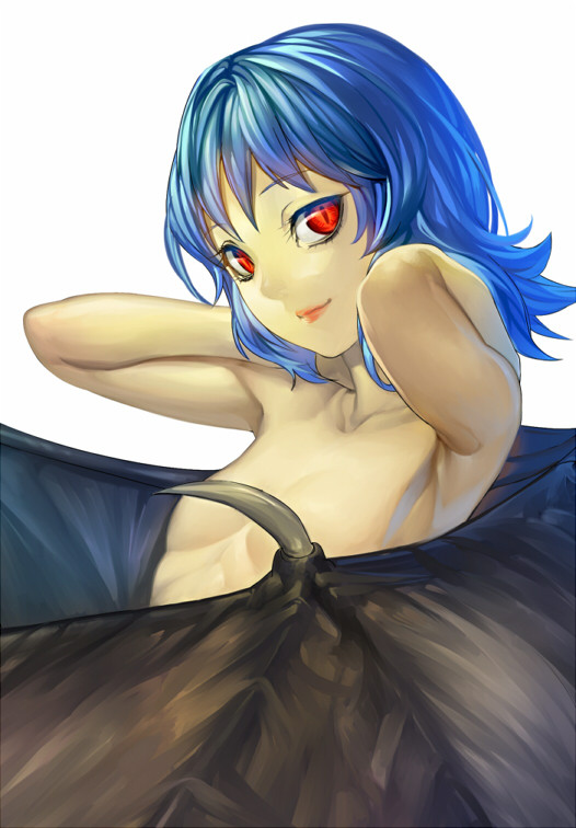 aritoki_ritsu armpits arms_up bat_wings black_wings blue_hair covering covering_breasts lips looking_at_viewer no_hat no_headwear nude red_eyes remilia_scarlet short_hair simple_background smile solo touhou white_background wings