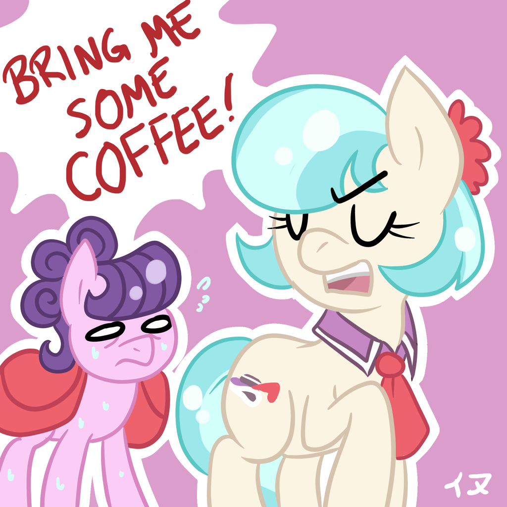 coco_pommel_(mlp) cutie_mark dialog equine eyes_closed female friendship_is_magic fur hair horse inumocchi mammal my_little_pony pink_fur pony purple_hair role_reversal saddlebags suri_polomare_(mlp) text two_tone_hair white_fur